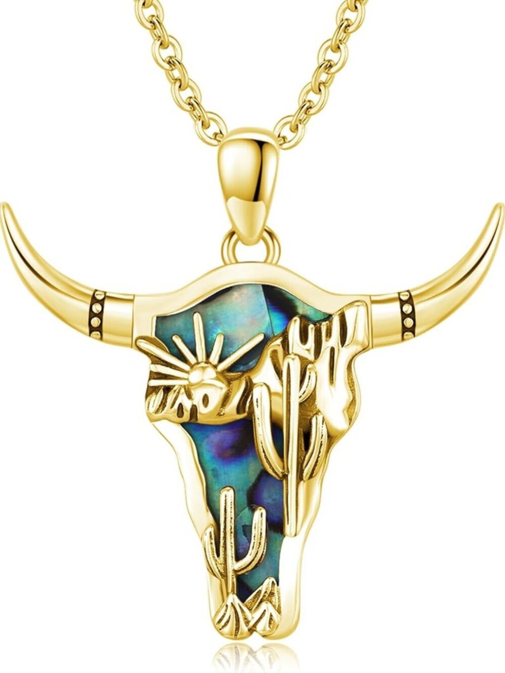 Women's Gold B Sterling Turquoise Pendant Highland Cow Skull Western Necklace